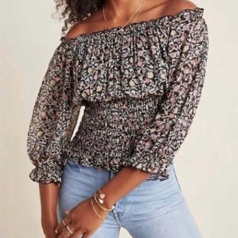 Anthropologie Lucia Floral Off Shoulder Smocked Blouse Top XS Boho Cottagecore